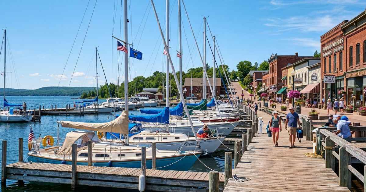 Sailboats docked near the waterfront and historic buildings in downtown Bayfield, WI.