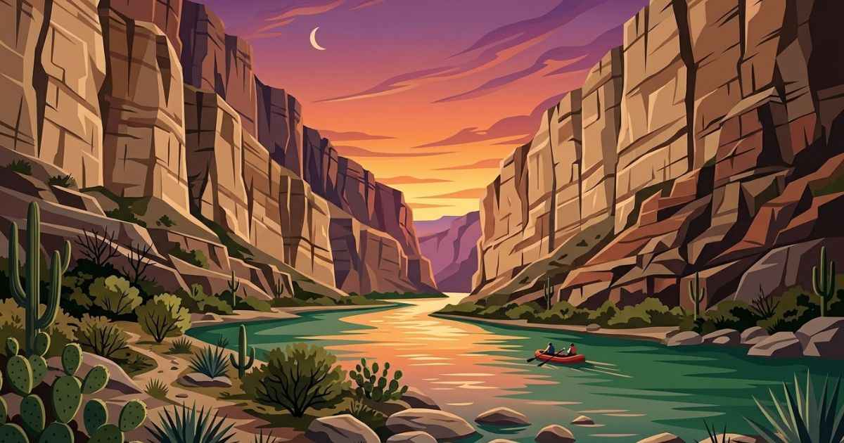 The Rio Grande flowing through the limestone walls of Santa Elena Canyon in Big Bend National Park at sunset.