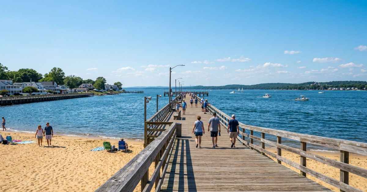 Visitors enjoying things to do in Colonial Beach, VA by walking along the municipal pier.