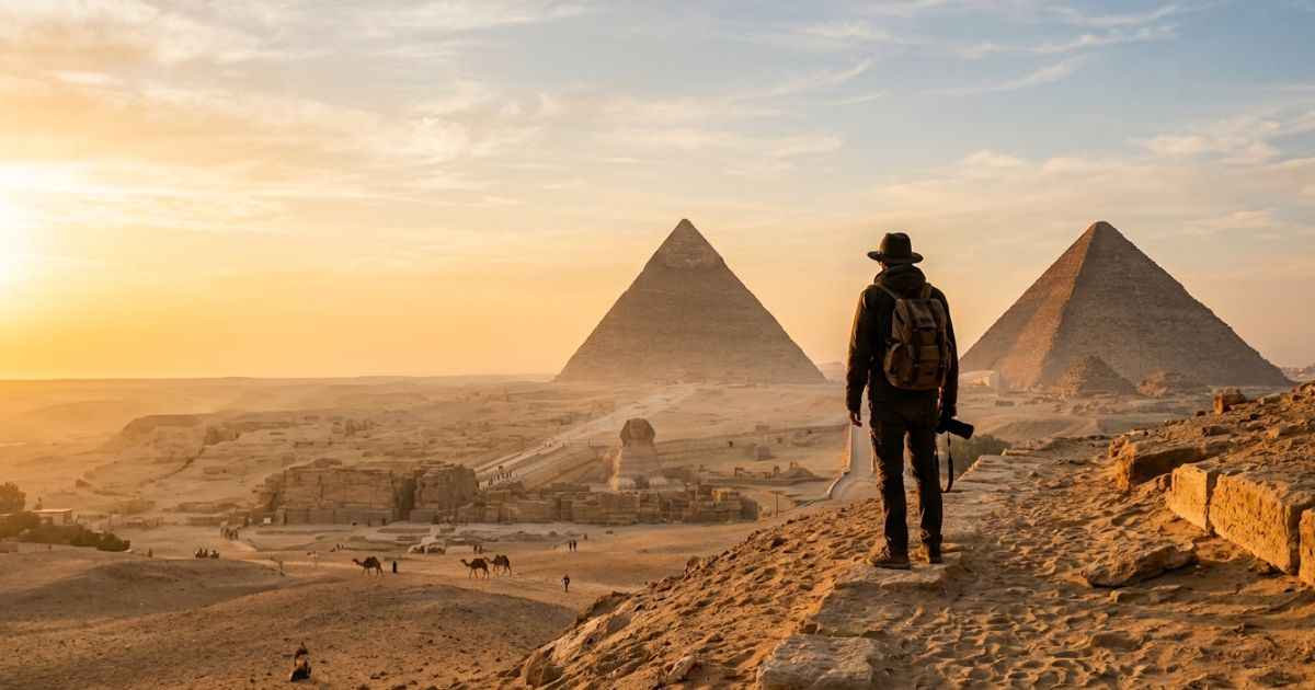 Traveler looking at the Giza Pyramids at sunrise in Egypt.
