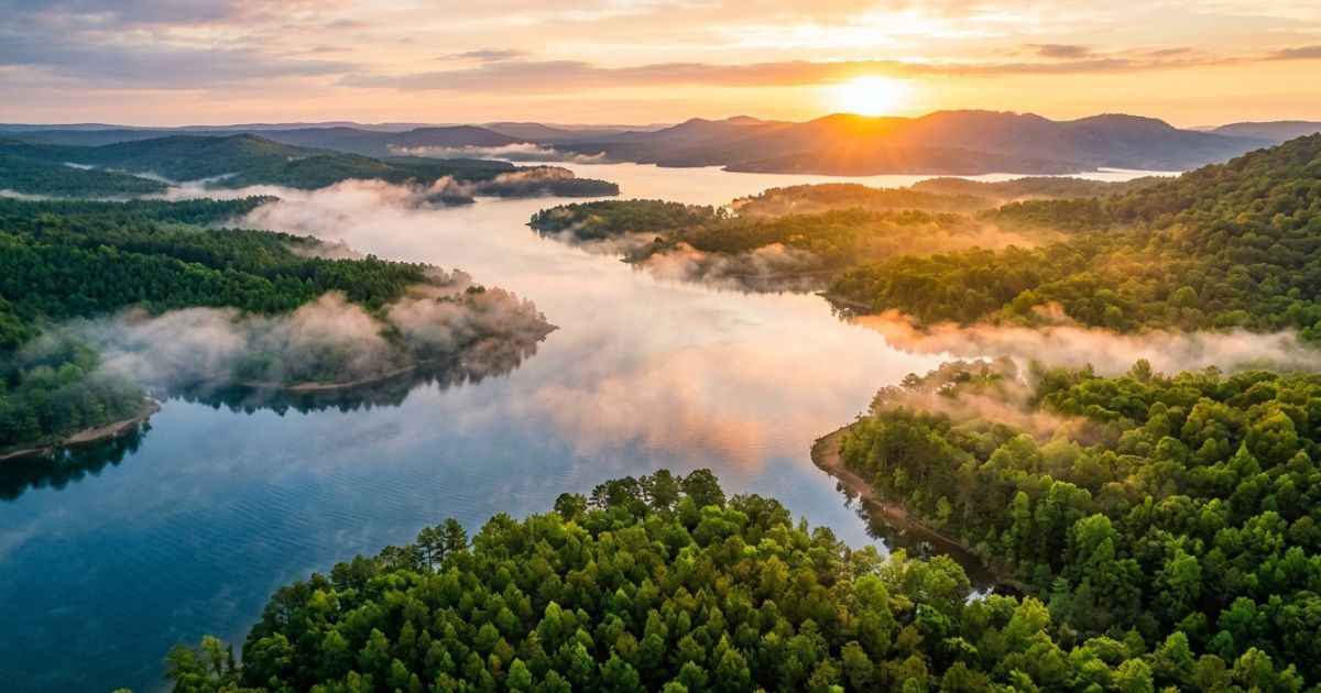 Aerial view of pine trees and blue water at Broken Bow Lake near Hochatown, Oklahoma.