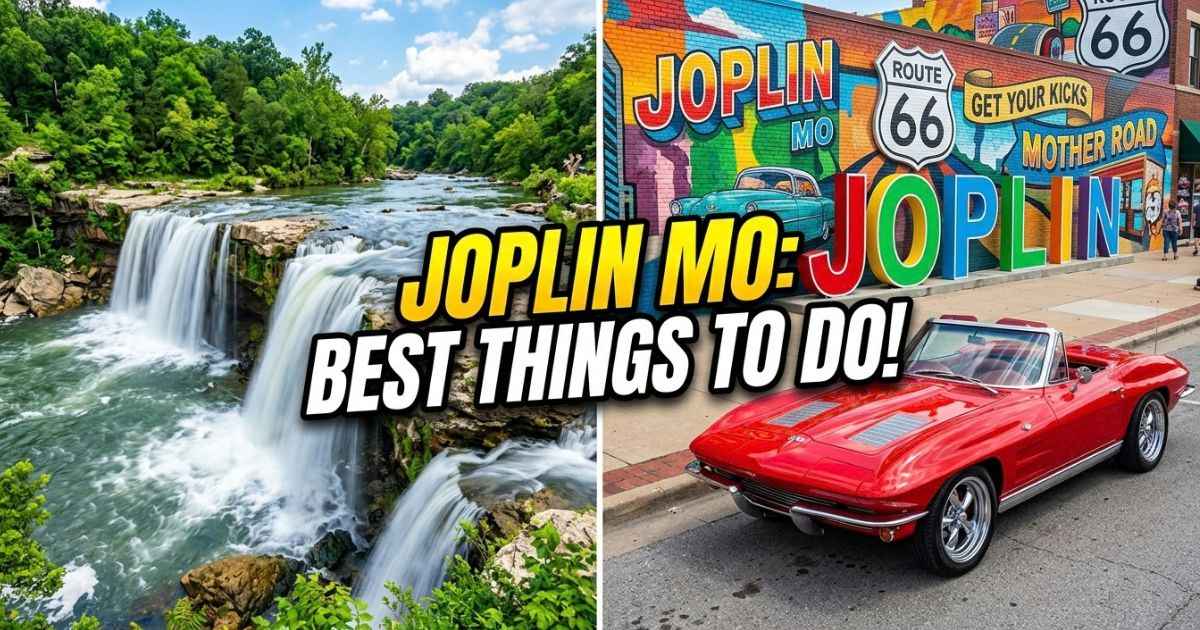 Grand Falls waterfall and Route 66 Mural Park in Joplin, Missouri.