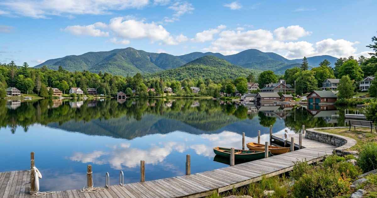 Mirror Lake reflecting the surrounding Adirondack mountains in Lake Placid, New York.