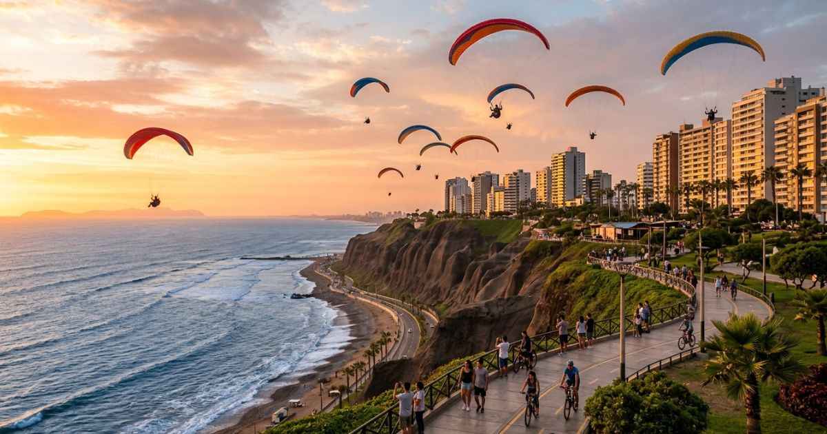 Paragliders flying over the clifftop Malecón boardwalk at sunset in Miraflores, Lima, Peru.