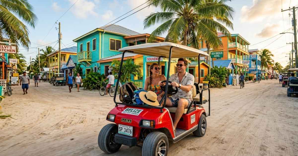 Tourists driving a golf cart down a sandy road in San Pedro Belize.