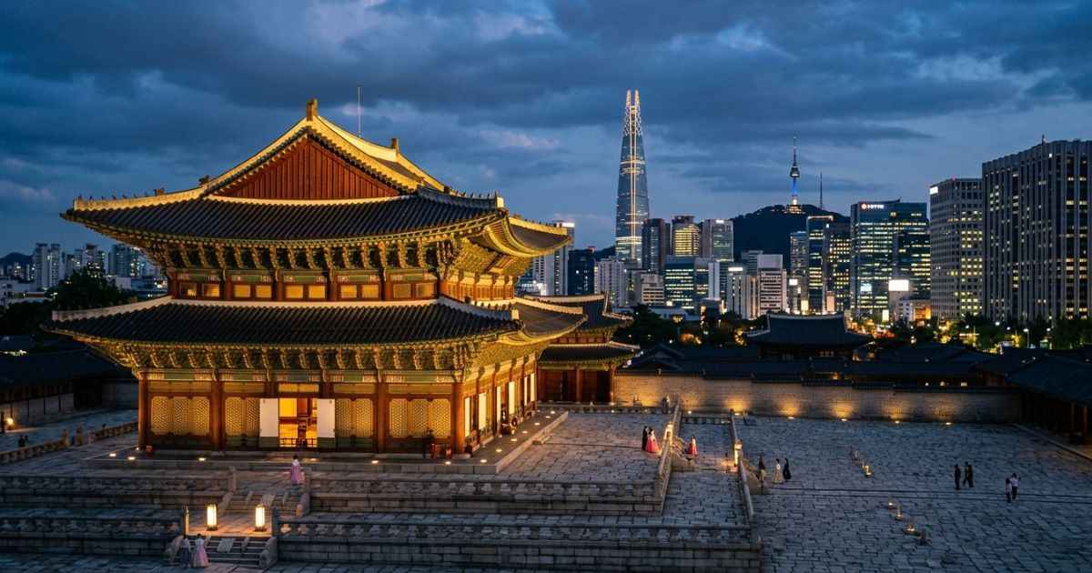 Gyeongbokgung Palace illuminated at night with Seoul skyscrapers in the background.