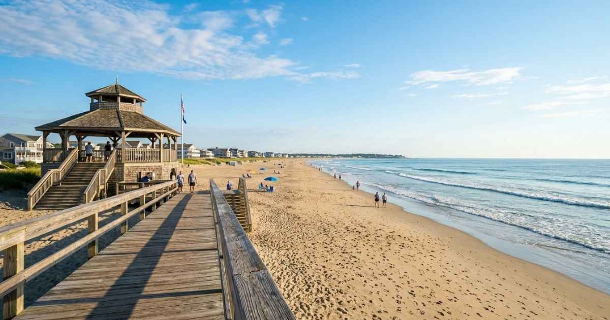 Scenic view of Wells Beach coastline and boardwalk in Wells, Maine.