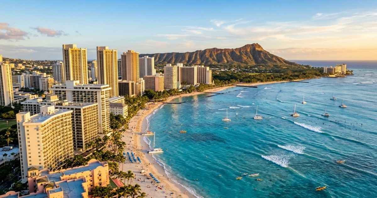 Aerial view of Waikīkī Beach and Diamond Head crater on Oʻahu, Hawaii.