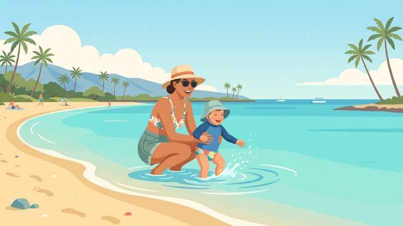 Parents playing with a toddler in the calm, shallow water of Baby Beach in Lahaina, Maui.