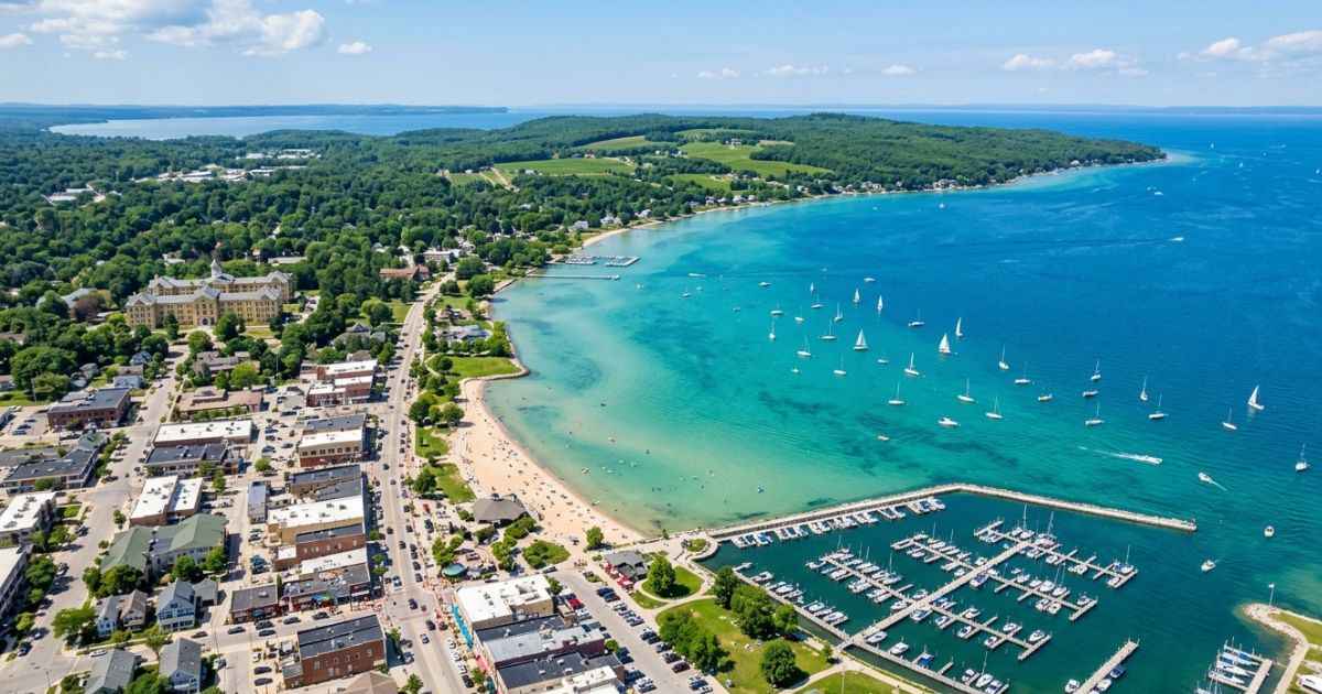 Aerial view of the downtown Traverse City waterfront and Grand Traverse Bay.