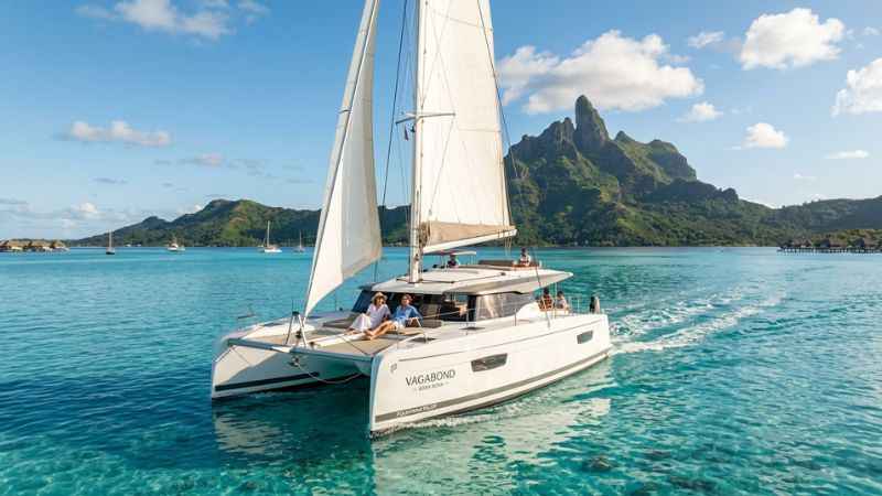 White sailing catamaran cruising through calm turquoise waters near the mountains of Bora Bora.