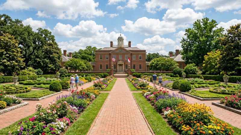 Beautiful flower gardens behind Tryon Palace in New Bern NC