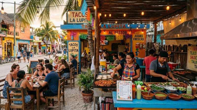 Authentic local taco shop and outdoor dining area located in the center of Tulum Pueblo.