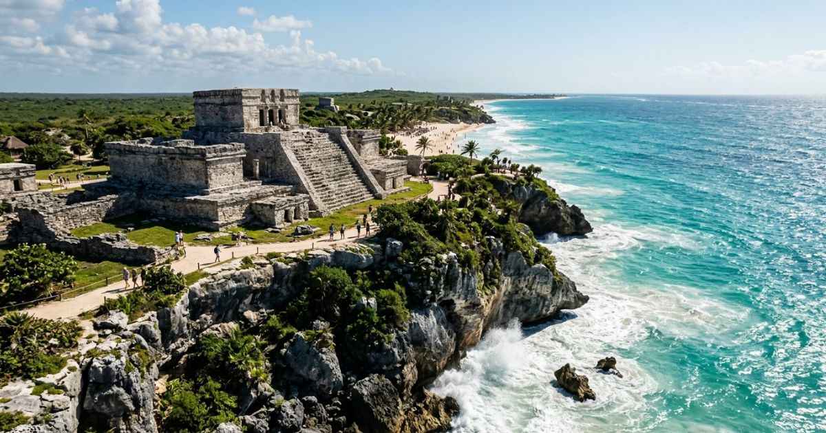 Ancient stone Mayan ruins sitting on a rocky cliff overlooking turquoise Caribbean water in Tulum.