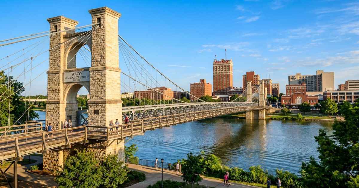 Historic Waco Suspension Bridge crossing the Brazos River on a clear day.