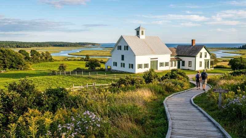 Walking trail and historic buildings at the Wells Reserve at Laudholm in Maine.