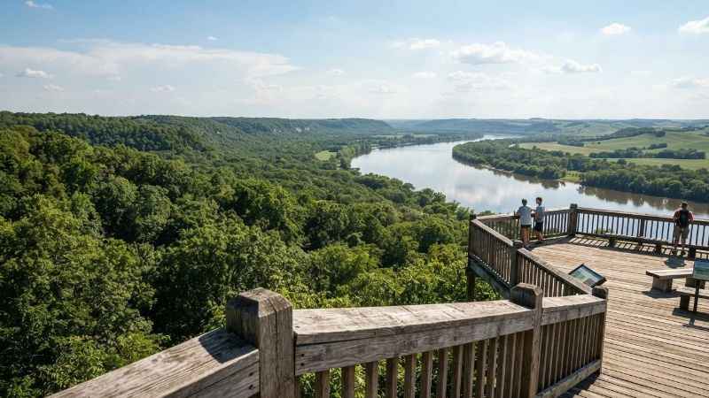 Wooden overlook deck showing the Missouri River at Weston Bend State Park.