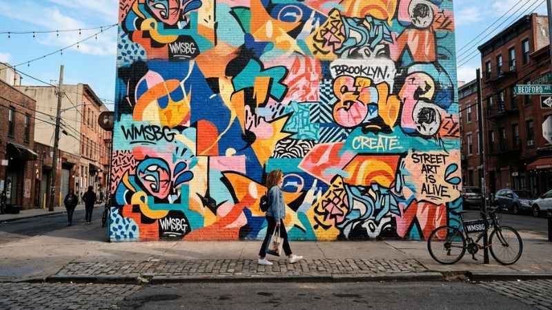 Vibrant street art mural on a brick wall in Williamsburg Brooklyn.