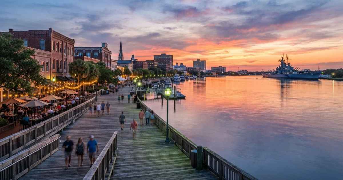 Scenic sunset view of the Wilmington Riverwalk boardwalk along the Cape Fear River in Wilmington NC.