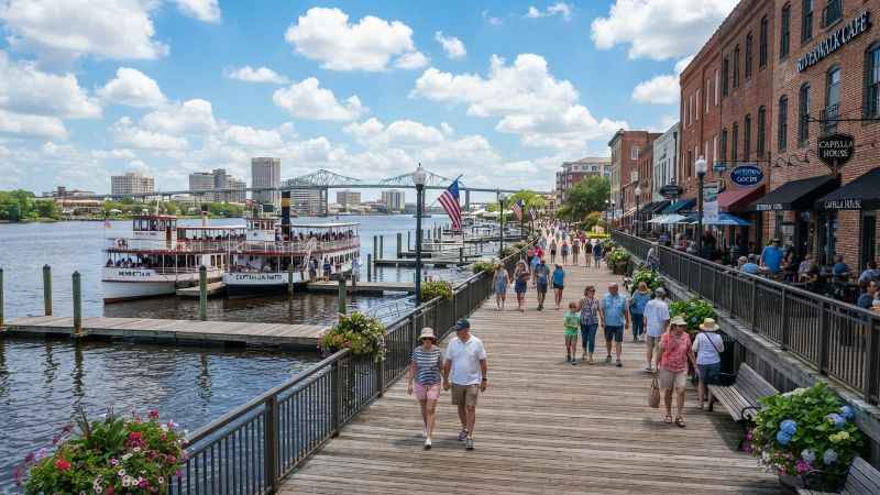 Visitors walking on the wooden Wilmington Riverwalk boardwalk along the Cape Fear River in NC.