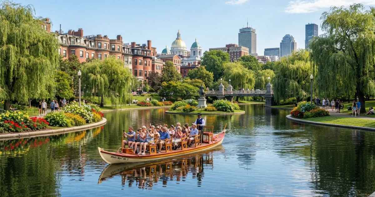 Swan boats floating on the Public Garden lagoon in Boston with historic brick row houses and green trees in the background.