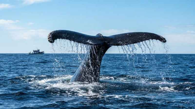 Whale tail lifting out of the ocean during a whale watching tour.