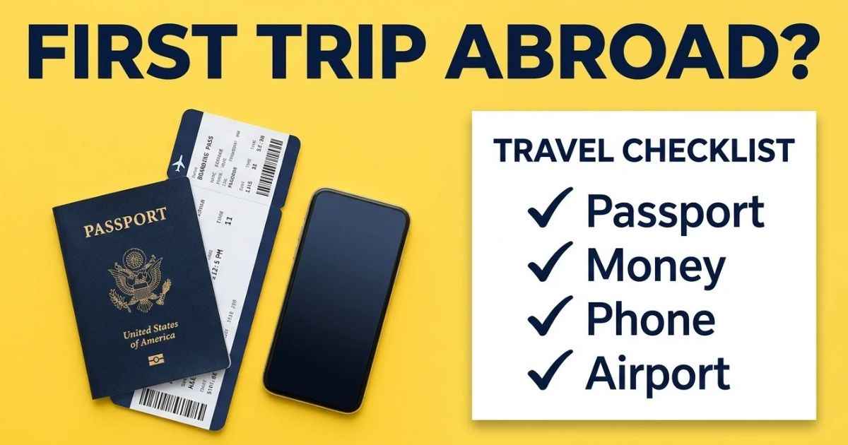 First-time international travel checklist with a passport, boarding pass, smartphone, and checked travel essentials.