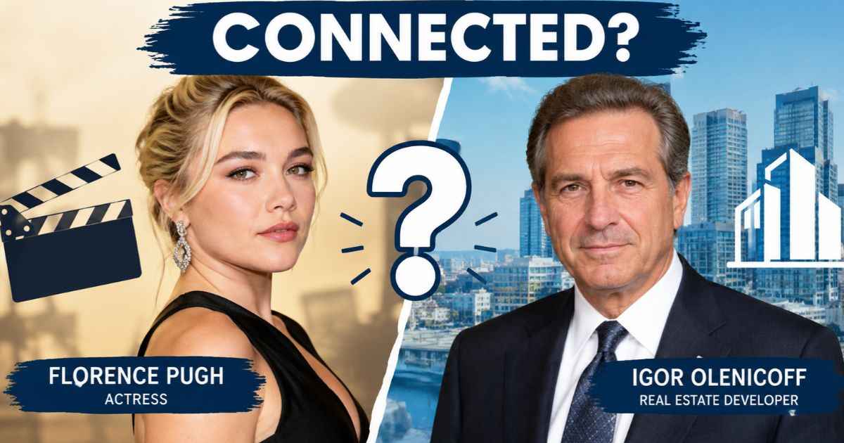 Florence Pugh and Igor Olenicoff featured in a split-screen graphic asking whether they are connected.