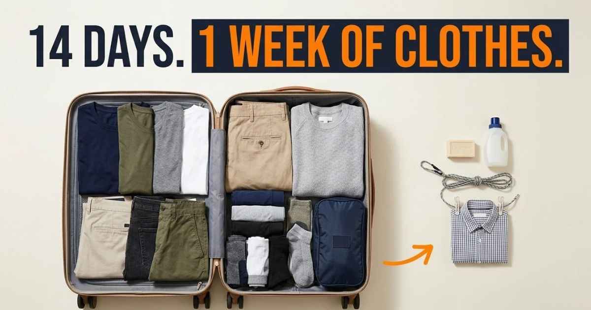 Open carry-on suitcase with one week of clothes, packing cubes, and a small laundry kit for a two-week trip.