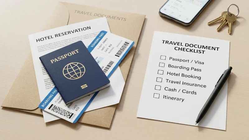 Passport, boarding pass, hotel reservation, and travel documents arranged on a desk.