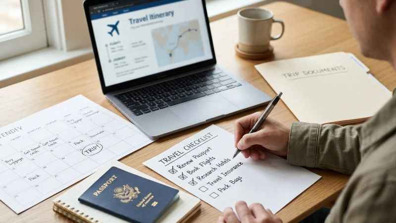 Passport, calendar, notebook, and laptop used to plan an international trip.