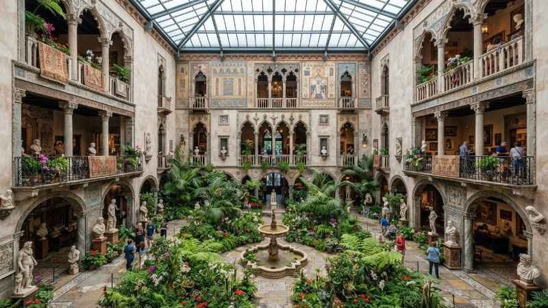 Lush Venetian-style indoor courtyard inside the Isabella Stewart Gardner Museum in Boston.