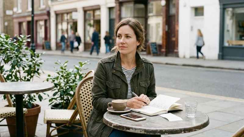 Solo traveler sitting at an outdoor cafe with coffee and a travel journal.