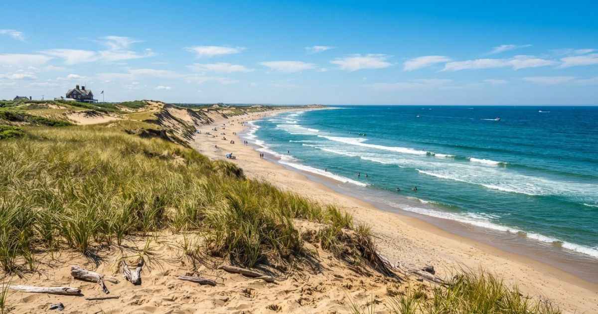 Sand dunes and ocean waves at Coast Guard Beach along the Cape Cod National Seashore.
