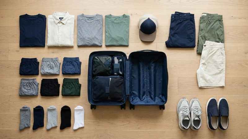 Travel packing checklist showing tops, bottoms, shoes, socks, underwear, and a hat arranged beside a carry-on suitcase.